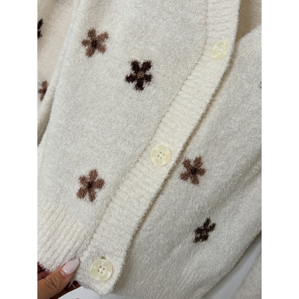 Abercrombie Kids Cream Brown Floral Fuzzy Cardigan Sweater 15/16 Fits Womens XS - Picture 7 of 8